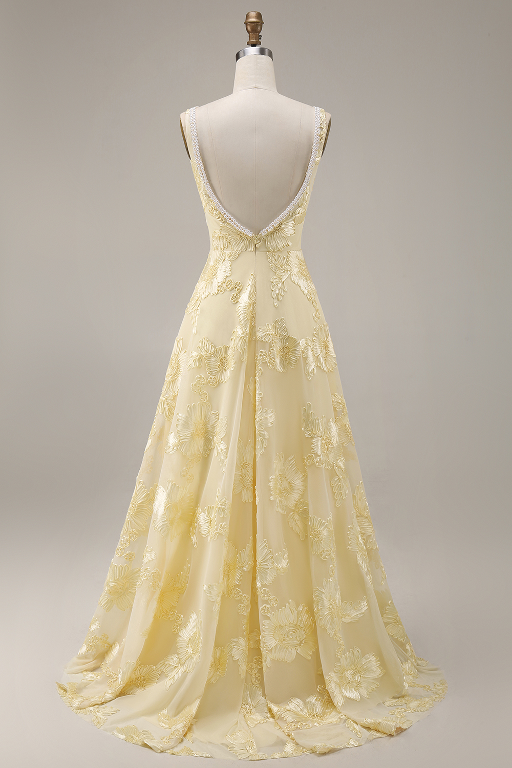 Yellow Floral Beaded Square Neck A Line Long Prom Dress