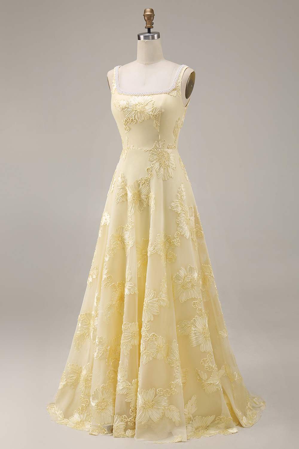 Yellow Floral Beaded Square Neck A Line Long Prom Dress