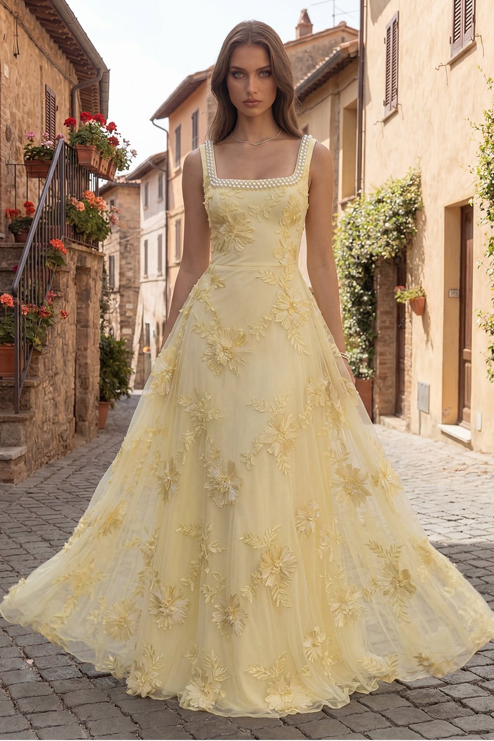 Yellow Floral Beaded Square Neck A Line Long Prom Dress