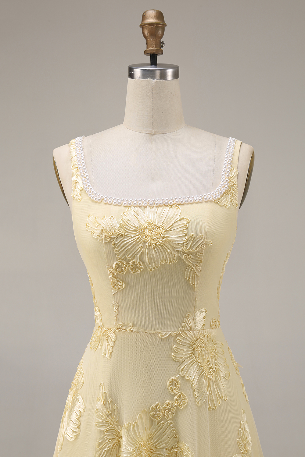 Yellow Floral Beaded Square Neck A Line Long Prom Dress