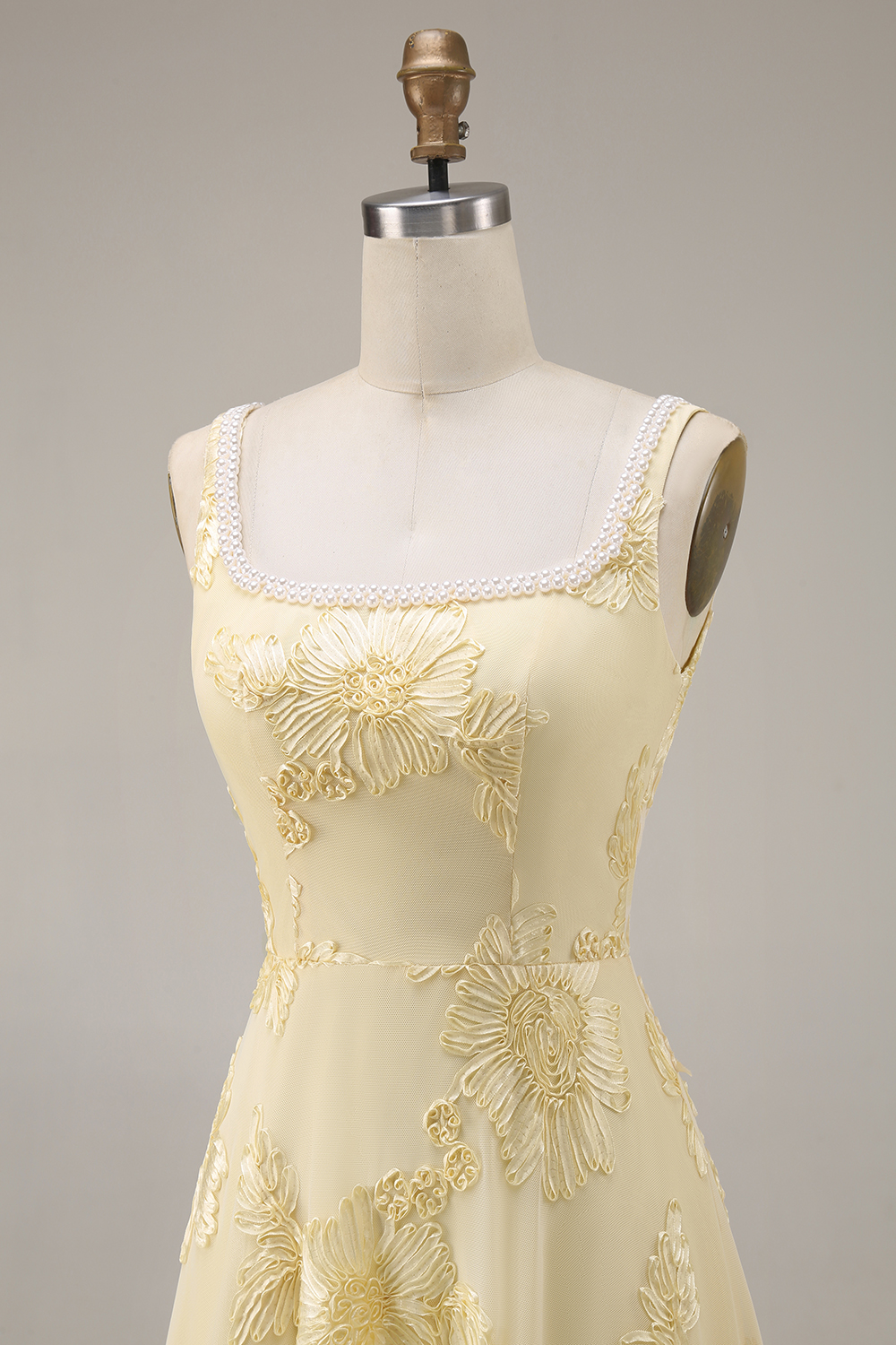 Yellow Floral Beaded Square Neck A Line Long Prom Dress