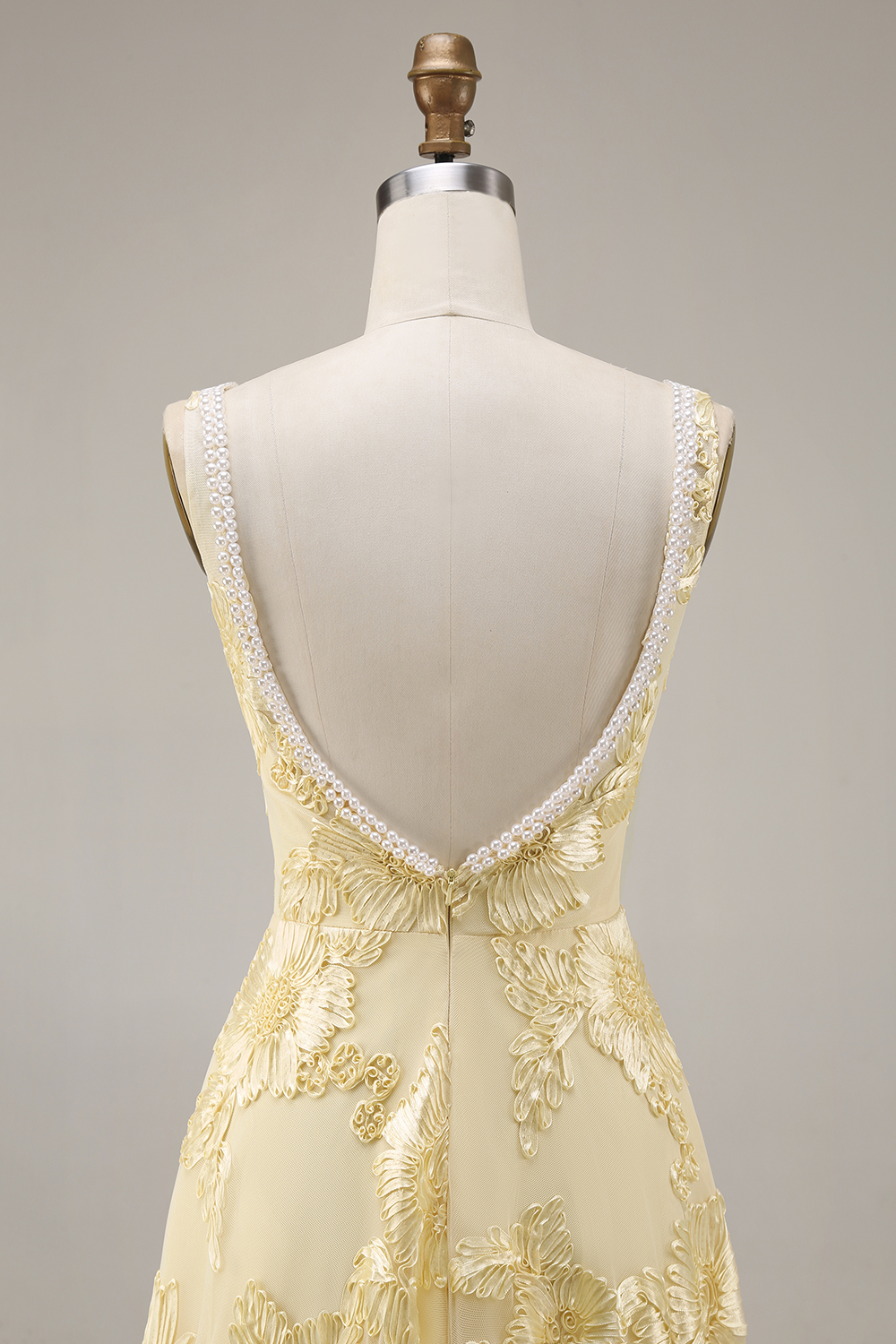 Yellow Floral Beaded Square Neck A Line Long Prom Dress