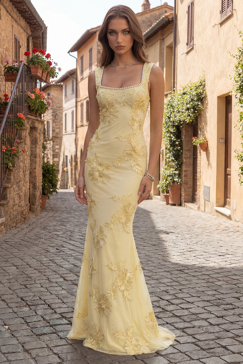 Floral Yellow Square Neck Mermaid Long Prom Dress with Pearls