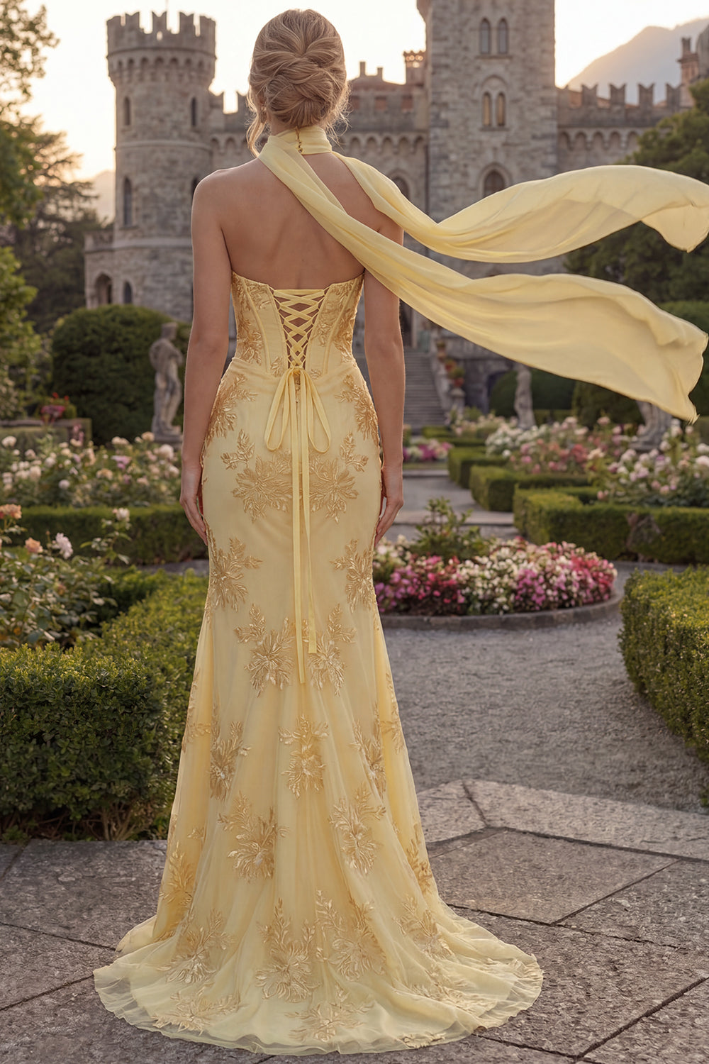 Floral Yellow Corset Mermaid Strapless Long Prom Dress with Slit