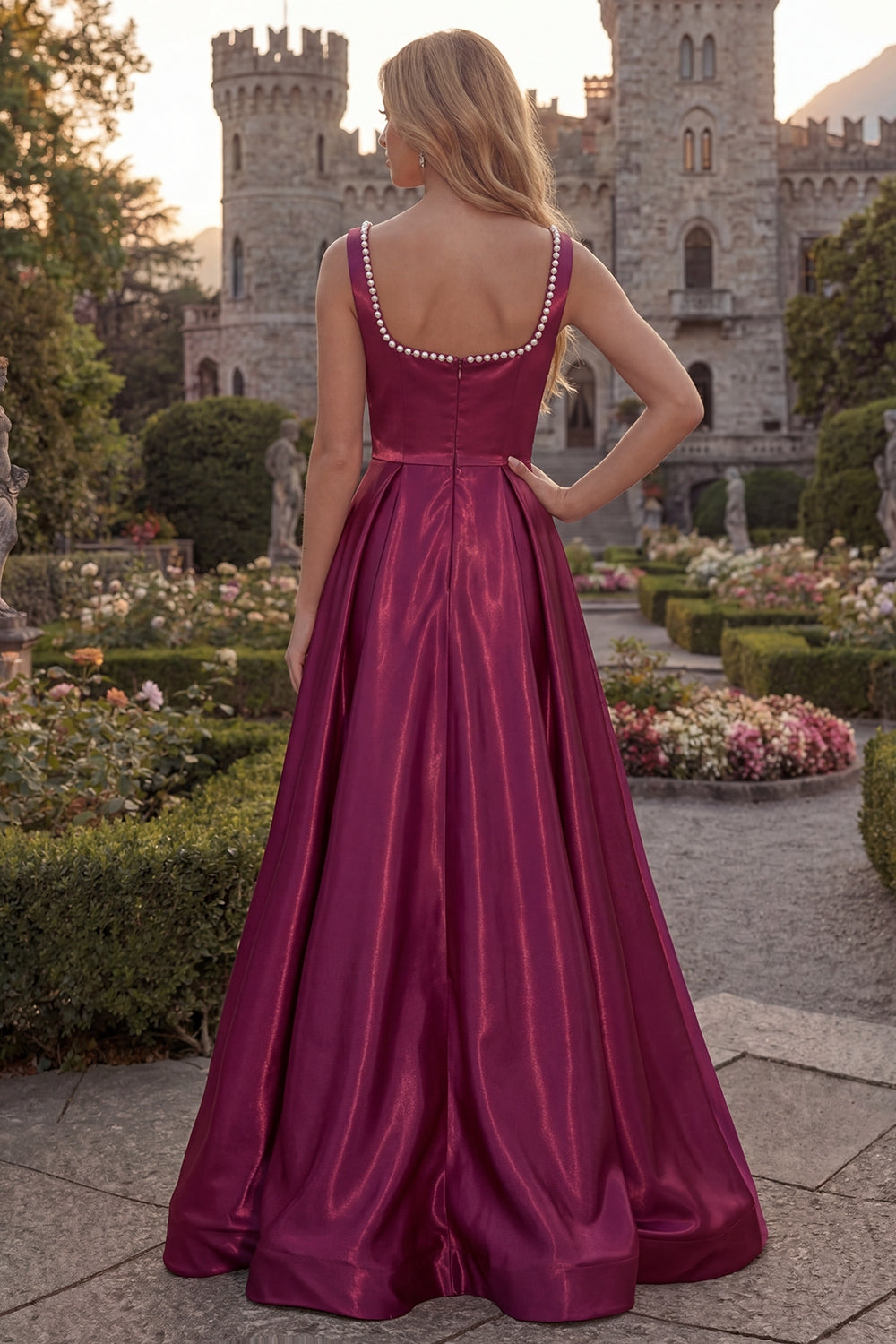 Simple Burgundy Square Neck A Line Long Prom Dress with Pearls