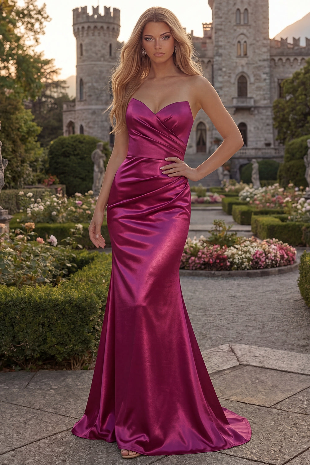 Simple Burgundy Strapless Ruched Long Mermaid Prom Dress