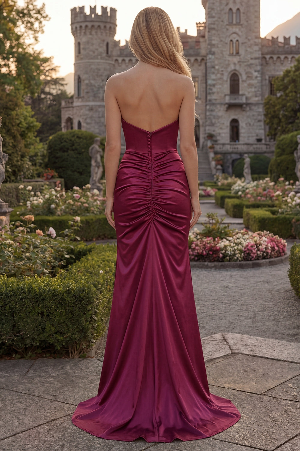 Burgundy Sheath Strapless Long Ruched Prom Dress with Slit