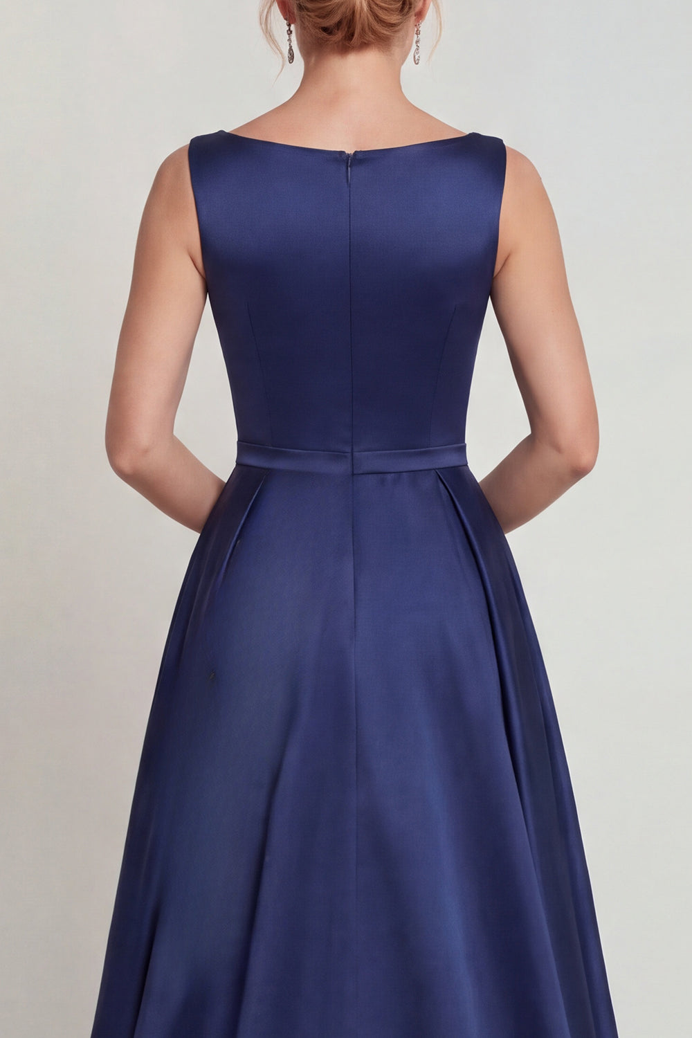 Navy Boat Neck A Line Satin Floral Floor-Length Mother of the Bride Dress