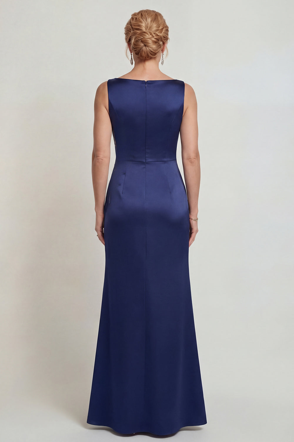 Floral Navy Boat Neck Mermaid Satin Floor-Length Mother of the Bride Dress
