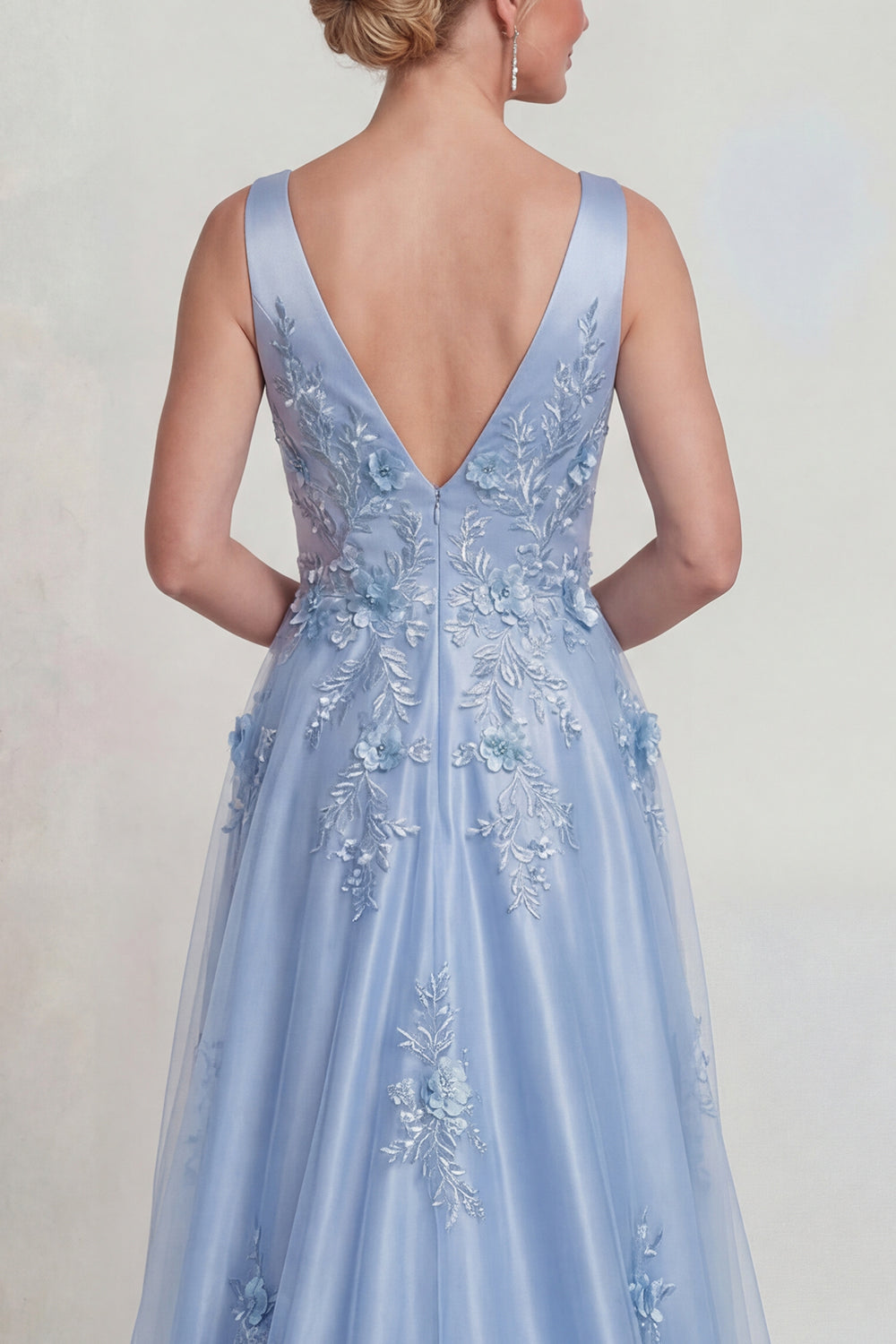 Sparkly Blue Satin V-Neck A Line Floor-Length Floral Mother of the Bride Dress