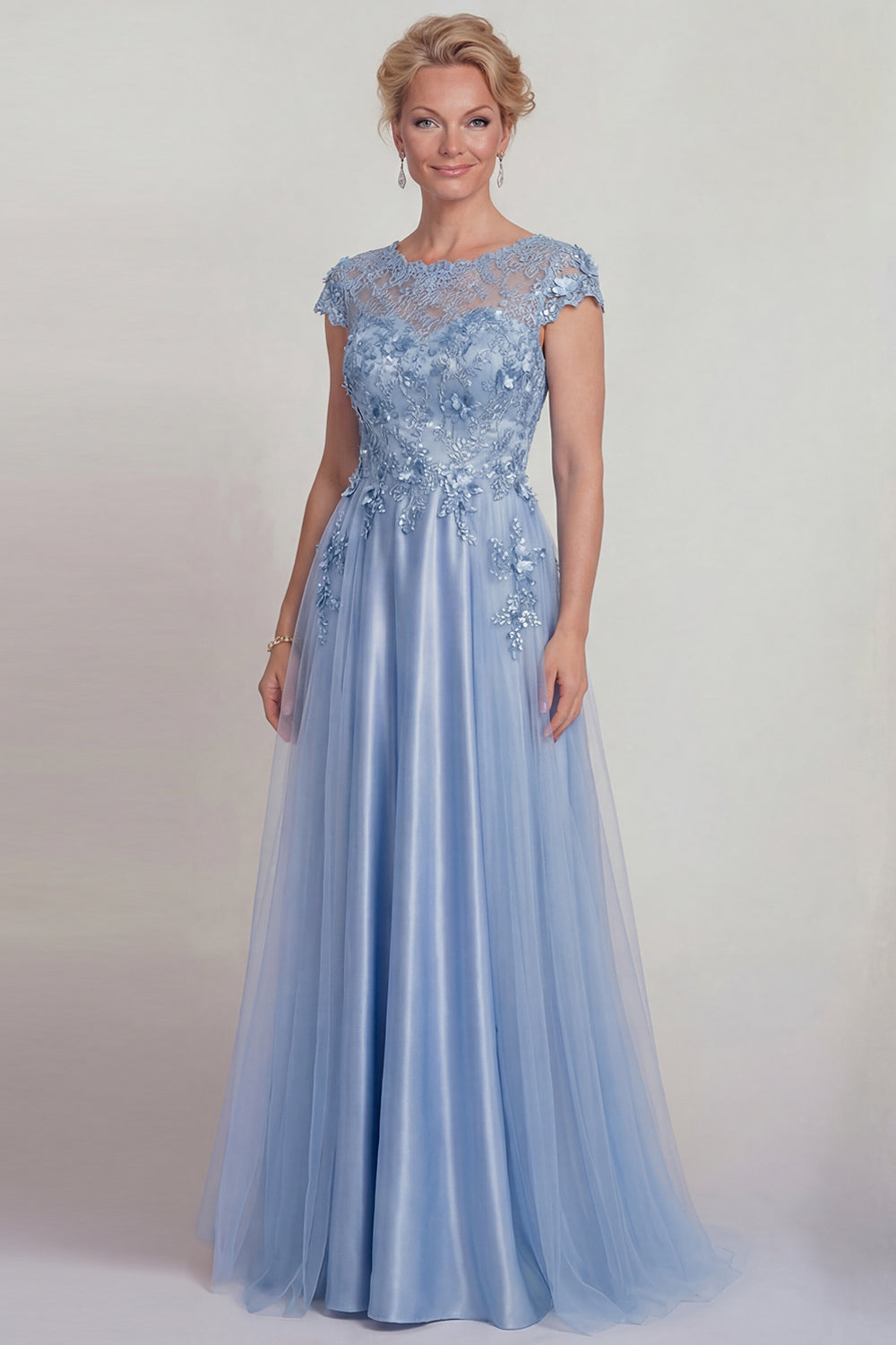Sparkly Blue Beaded A Line Floor-Length Mother of the Bride Dress with Sleeves