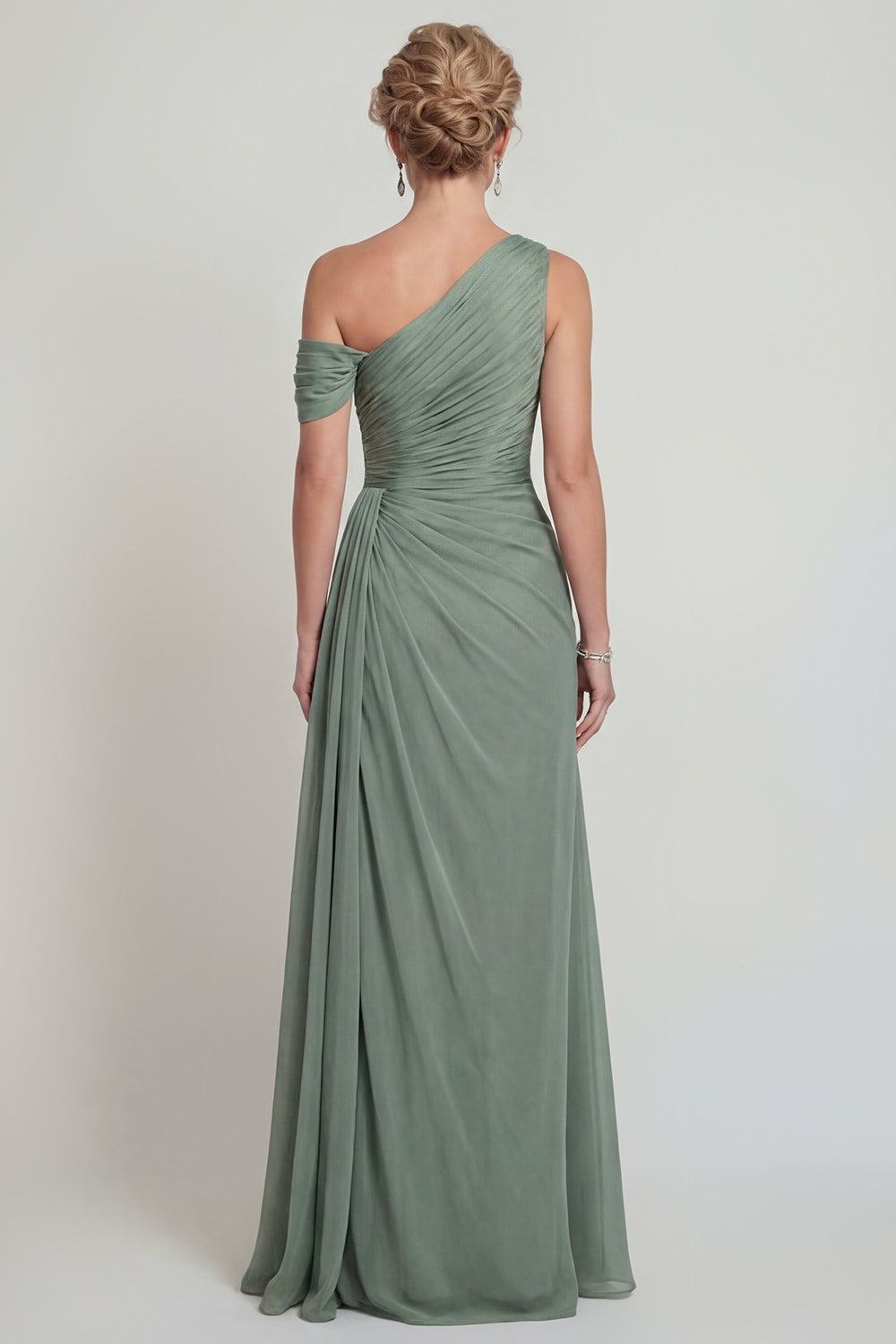 Dusty Sage Long One Shoulder A Line Mother of the Bride Dress with Slit
