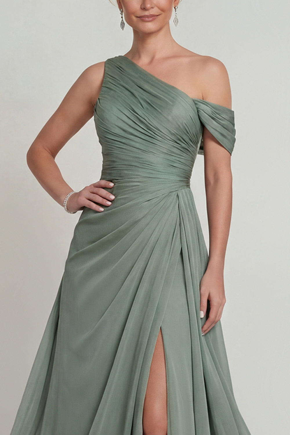 Dusty Sage Long One Shoulder A Line Mother of the Bride Dress with Slit