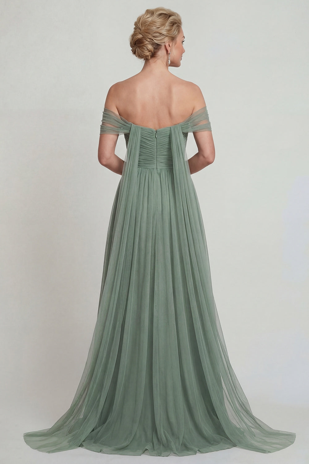 Dusty Sage A Line Long Off the Shoulder Mother of the Bride Dress