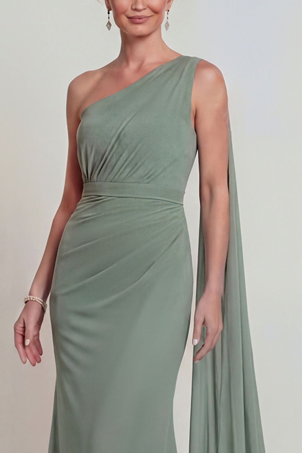 Dusty Sage Long One Shoulder Mermaid Mother of the Bride Dress