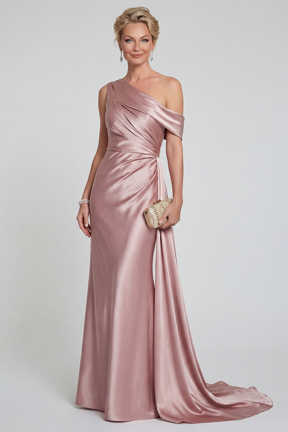 Blush Long Mermaid One Shoulder Mother of the Bride Dress with Side Cape