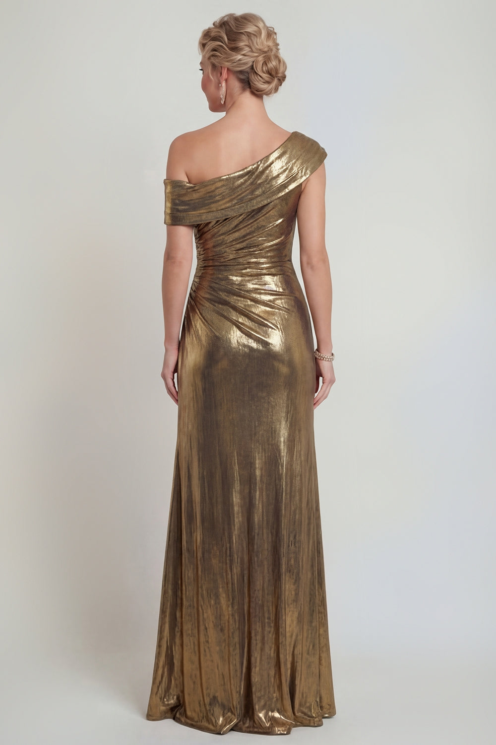 Golden Metallic One Shoulder Long Mermaid Mother of the Bride Dress