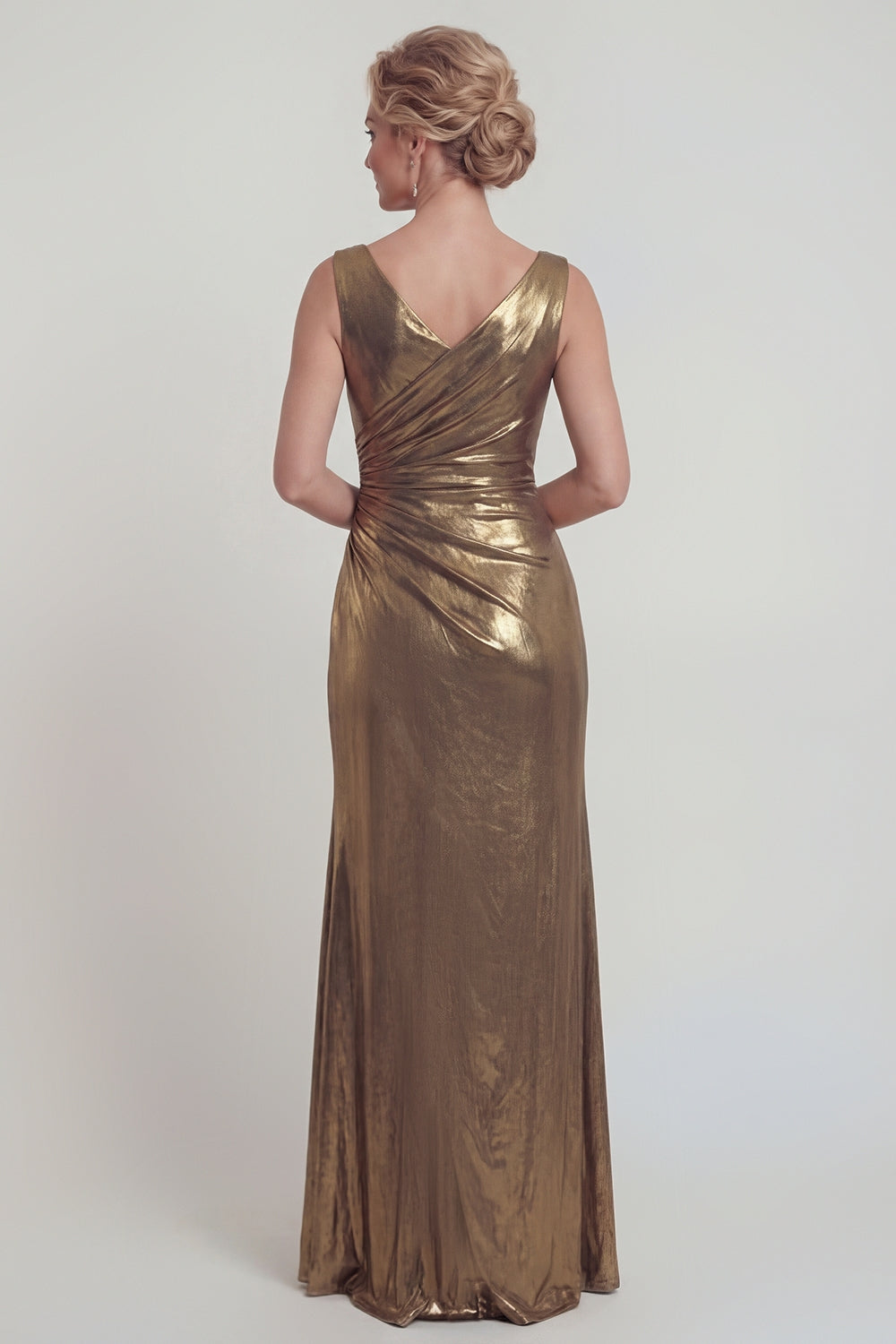 Golden Metallic V Neck Long Mermaid Mother of the Bride Dress