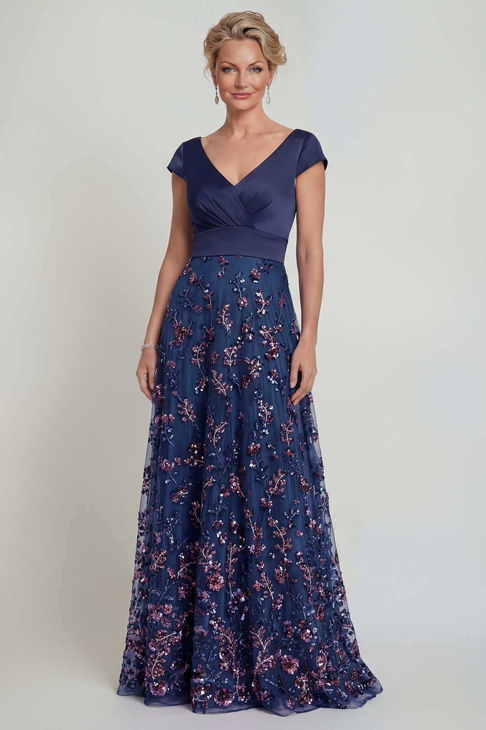 Sparkly Navy Beaded Floral Long A Line Mother of the Bride Dress