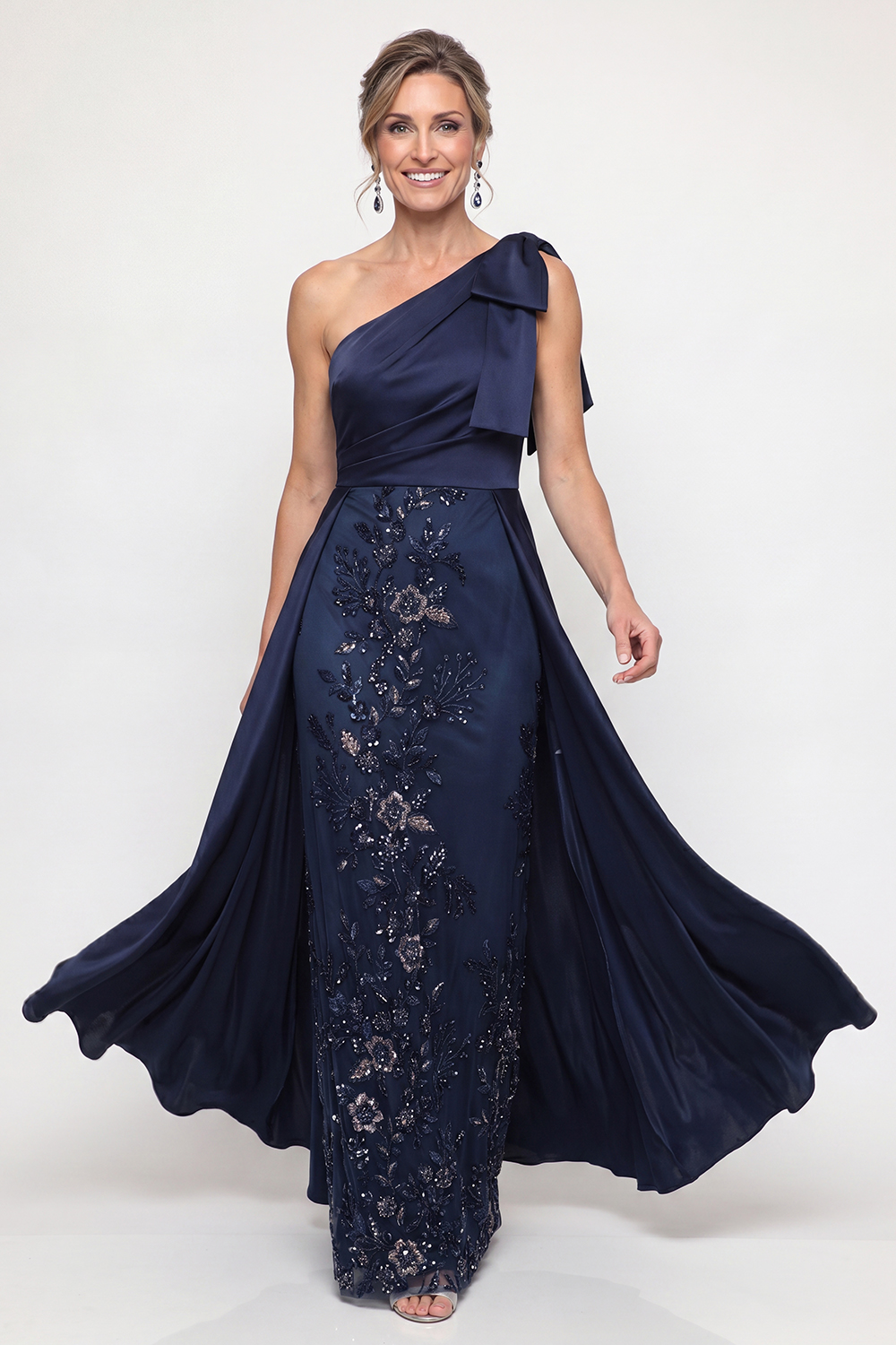 Sparkly Navy Mermaid Long Floral Mother of the Bride Dress with Bow