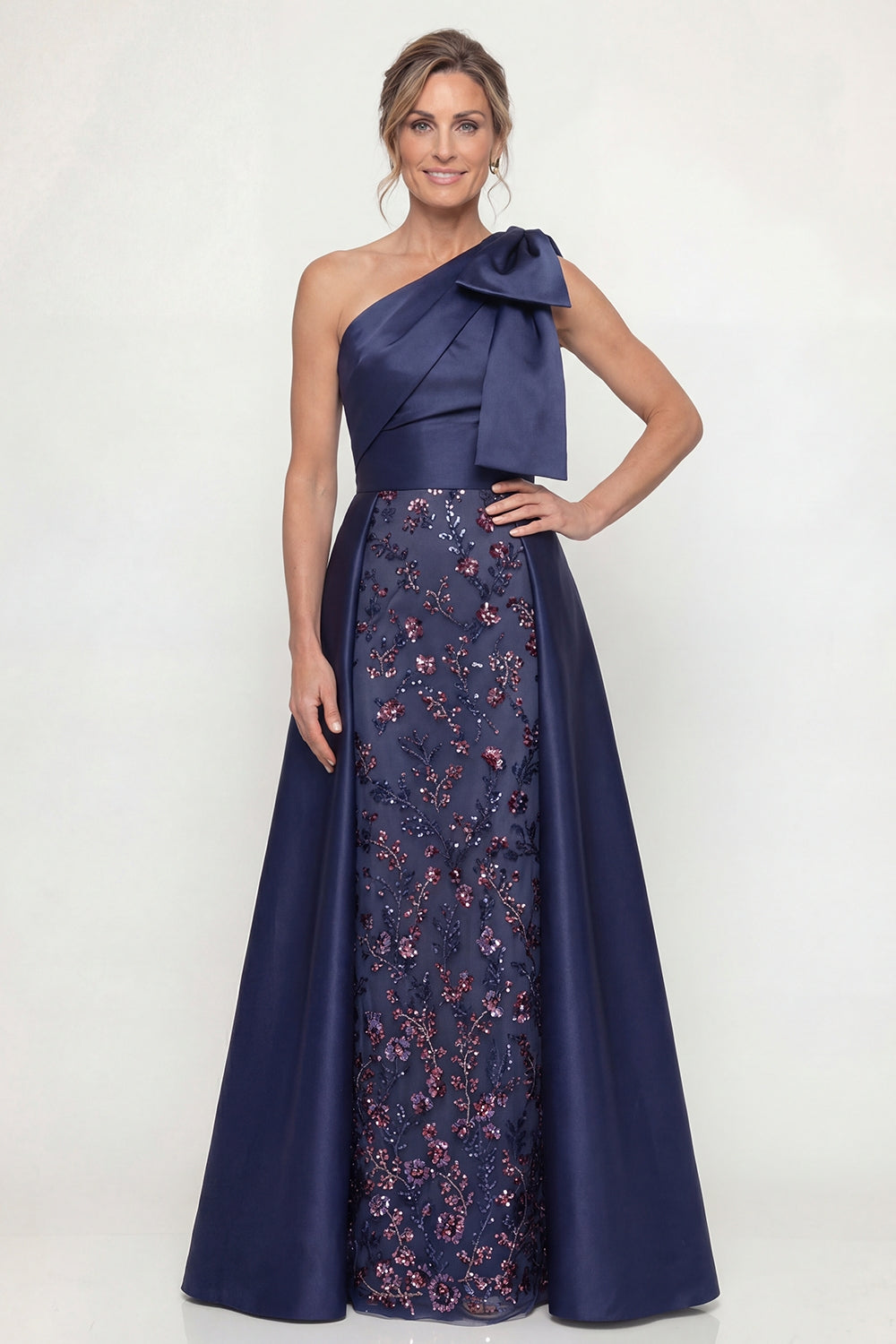 Sparkly Navy Mermaid Long Floral Mother of the Bride Dress with Bow