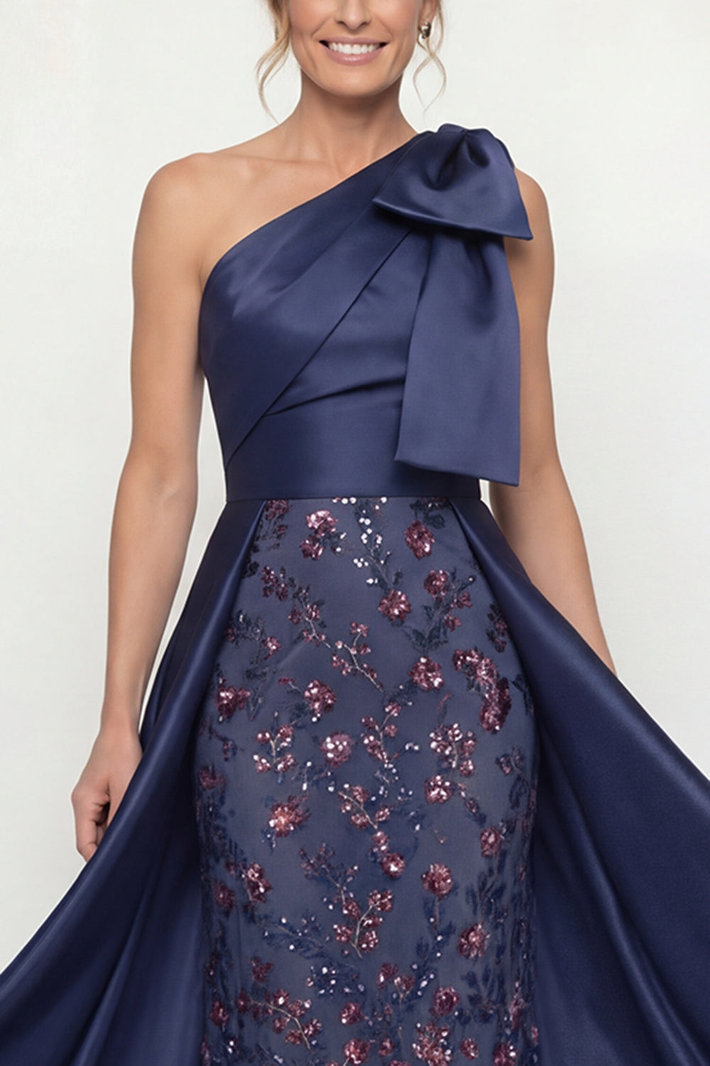 Sparkly Navy Mermaid Long Floral Mother of the Bride Dress with Bow