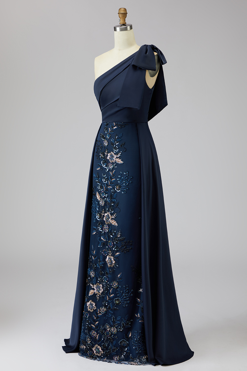 Sparkly Navy Mermaid Long Floral Mother of the Bride Dress with Bow