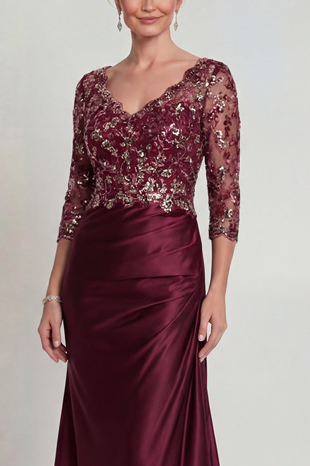 Sparkly Burgundy Floral Long Mermaid V Neck Mother of the Bride Dress
