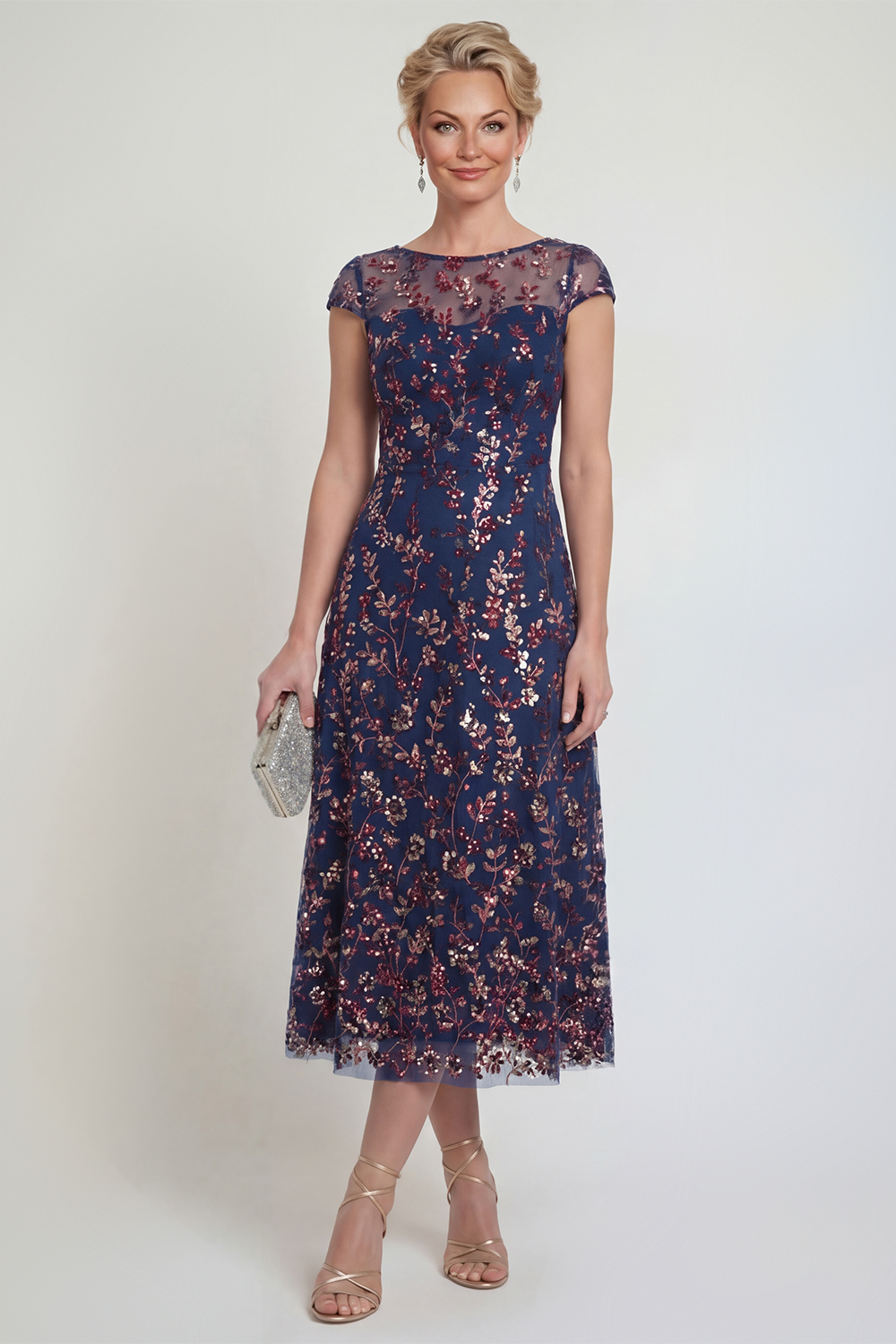 Sparkly Navy A Line Boat Neck Midi Floral Mother of the Bride Dress