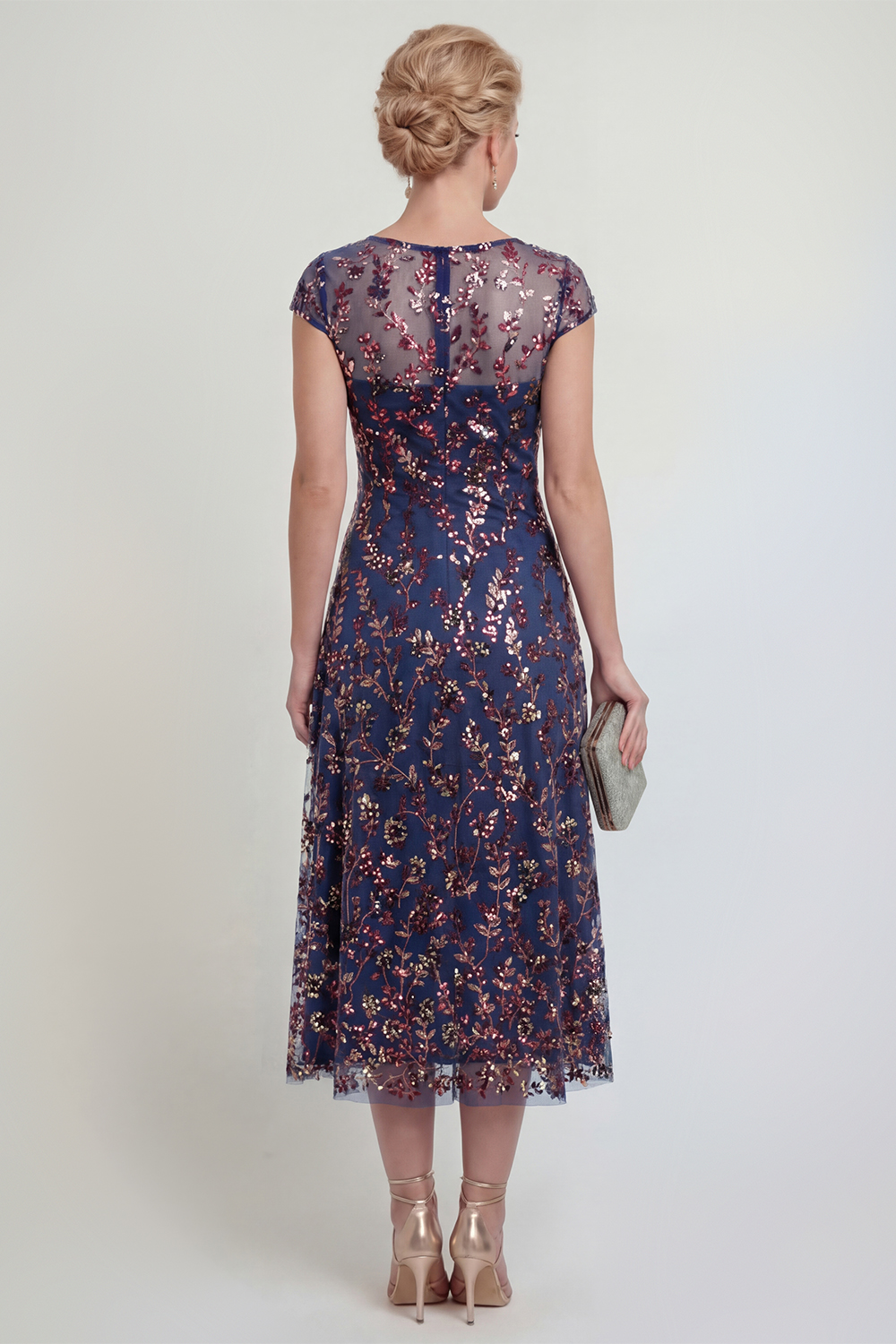 Sparkly Navy A Line Boat Neck Midi Floral Mother of the Bride Dress