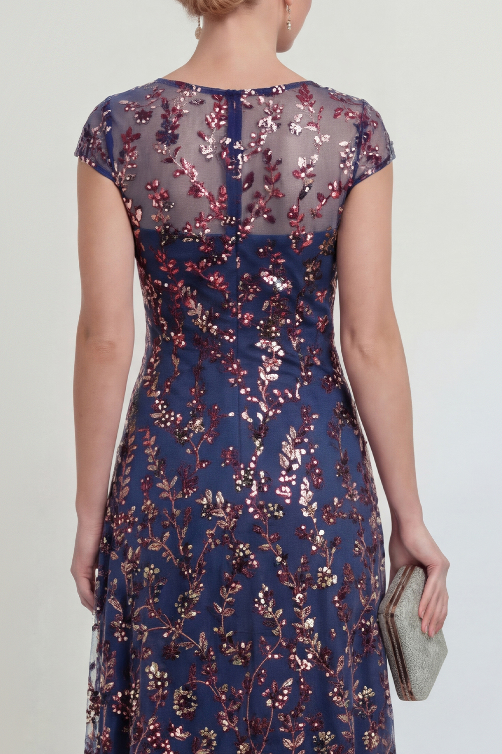 Sparkly Navy A Line Boat Neck Midi Floral Mother of the Bride Dress