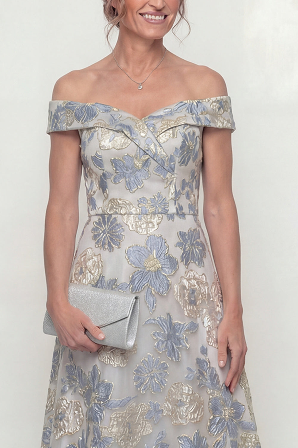 Dusty Blue Off the Shoulder A Line Long Floral Mother of the Bride Dress