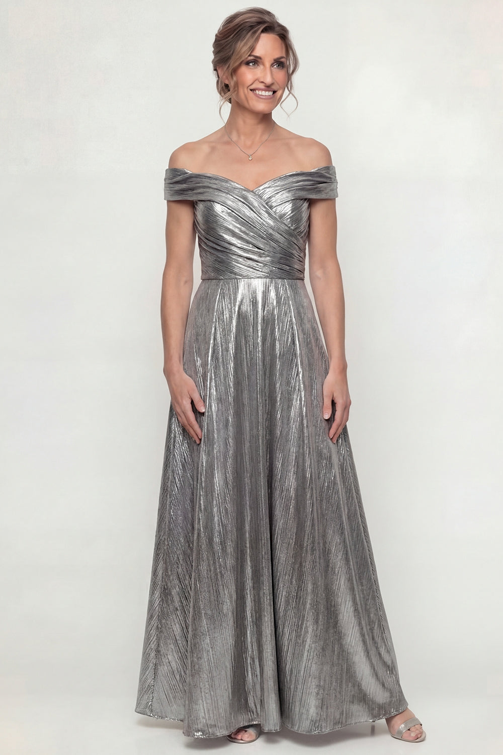 Grey Silver Long Off the Shoulder A Line Mother of the Bride Dress