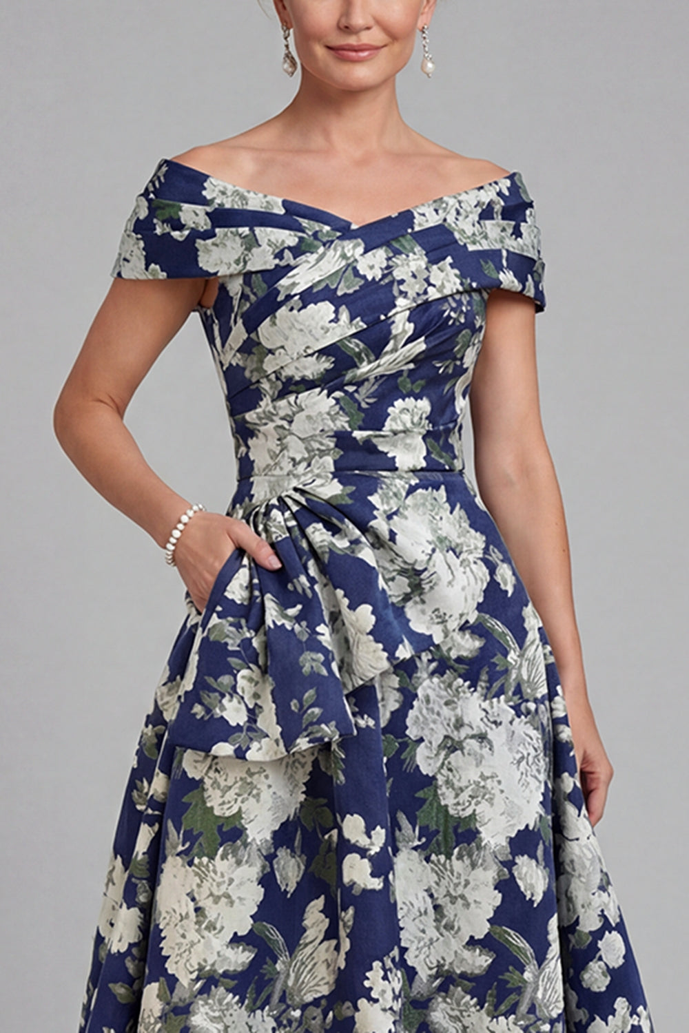 Navy Long Floral A Line Mother of the Bride Dress with Pockets