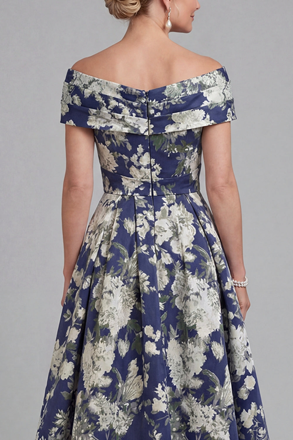 Navy Long Floral A Line Mother of the Bride Dress with Pockets