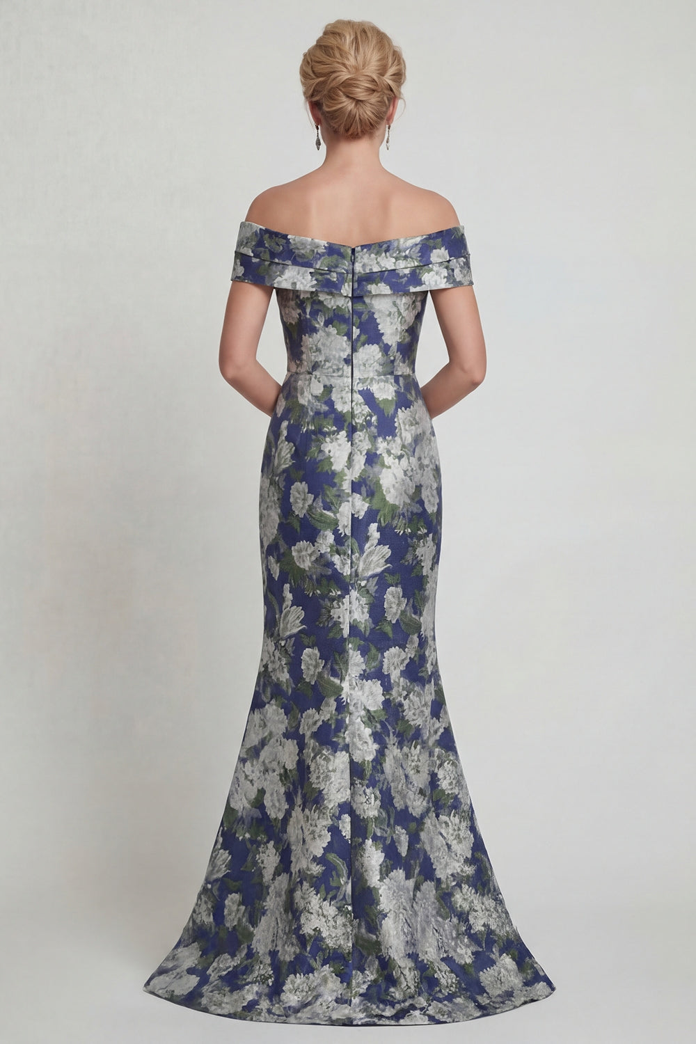 Navy Off the Shoulder Long Mermaid Floral Mother of the Bride Dress