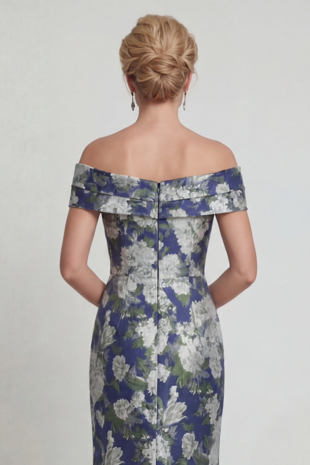 Navy Off the Shoulder Long Mermaid Floral Mother of the Bride Dress
