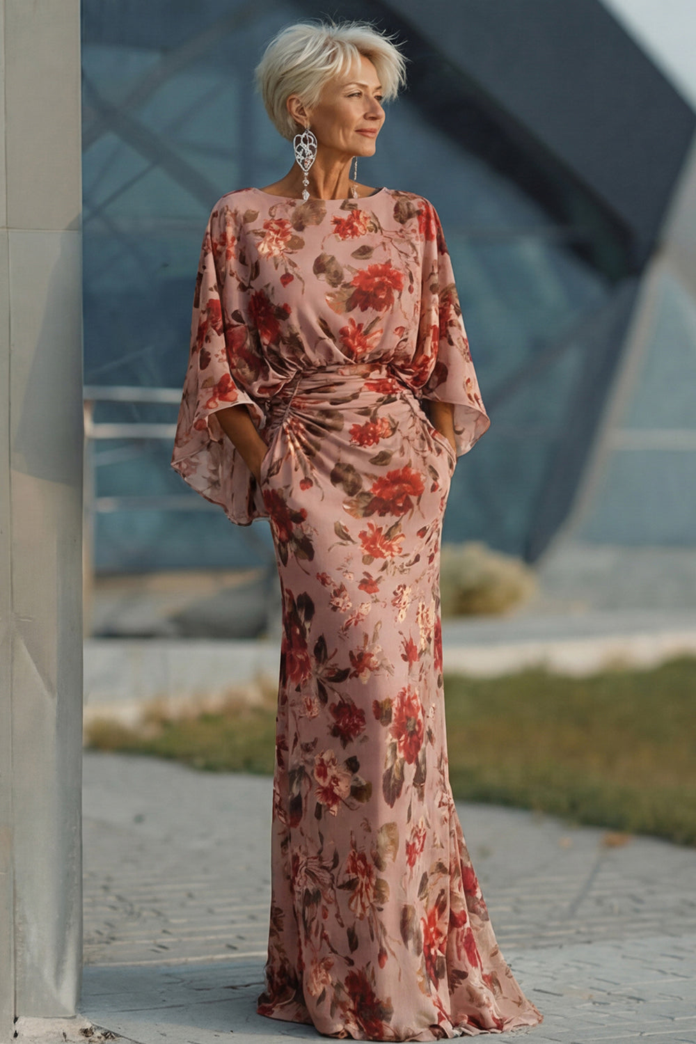 Floral Dusty Rose Boat Neck Long Chiffon Mother of the Bride Dress