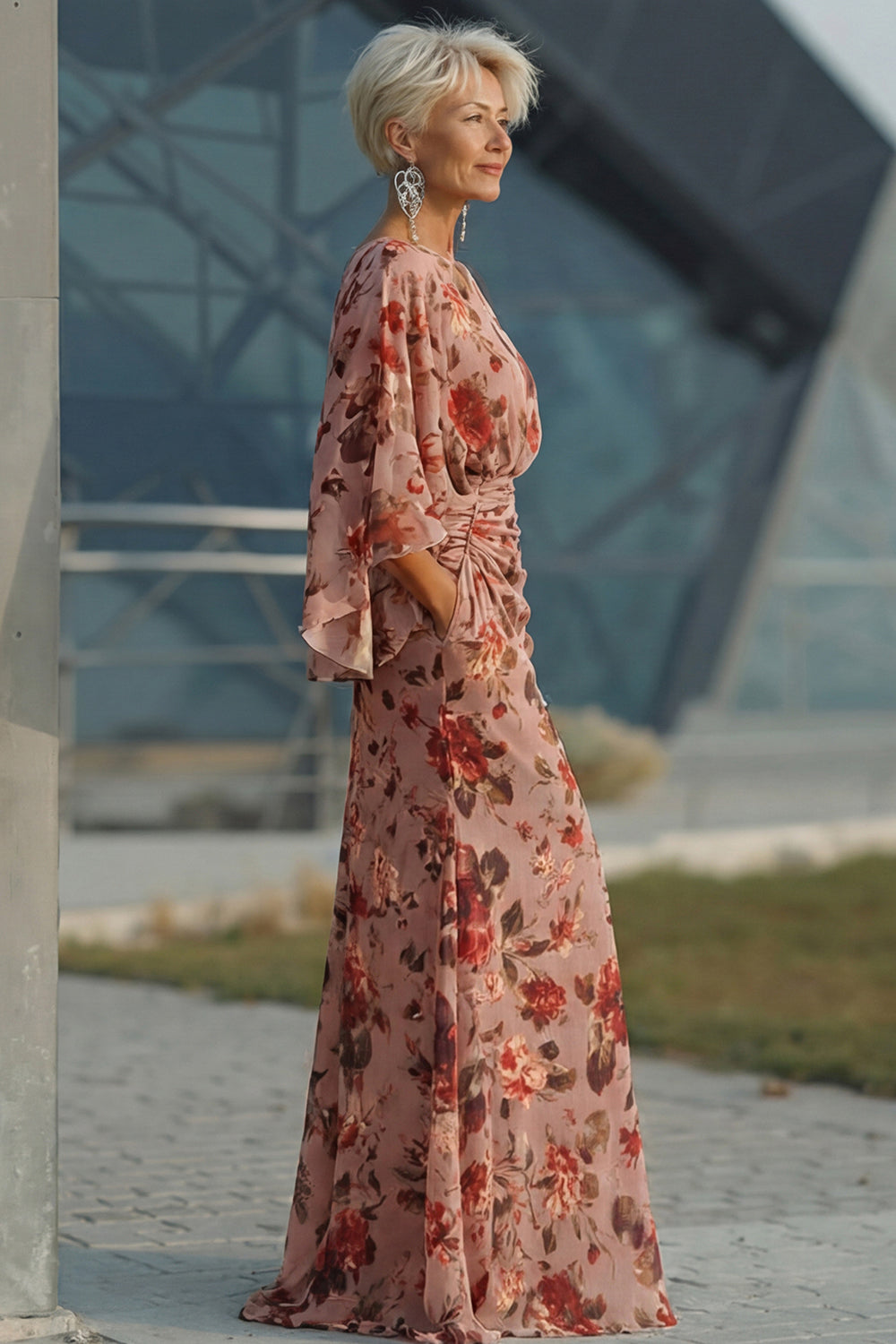 Floral Dusty Rose Boat Neck Long Chiffon Mother of the Bride Dress
