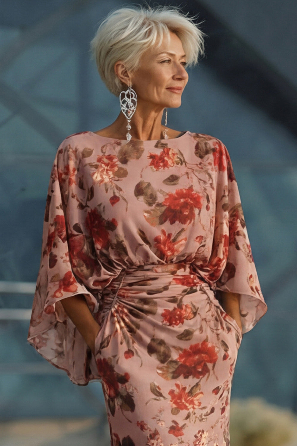 Floral Dusty Rose Boat Neck Long Chiffon Mother of the Bride Dress