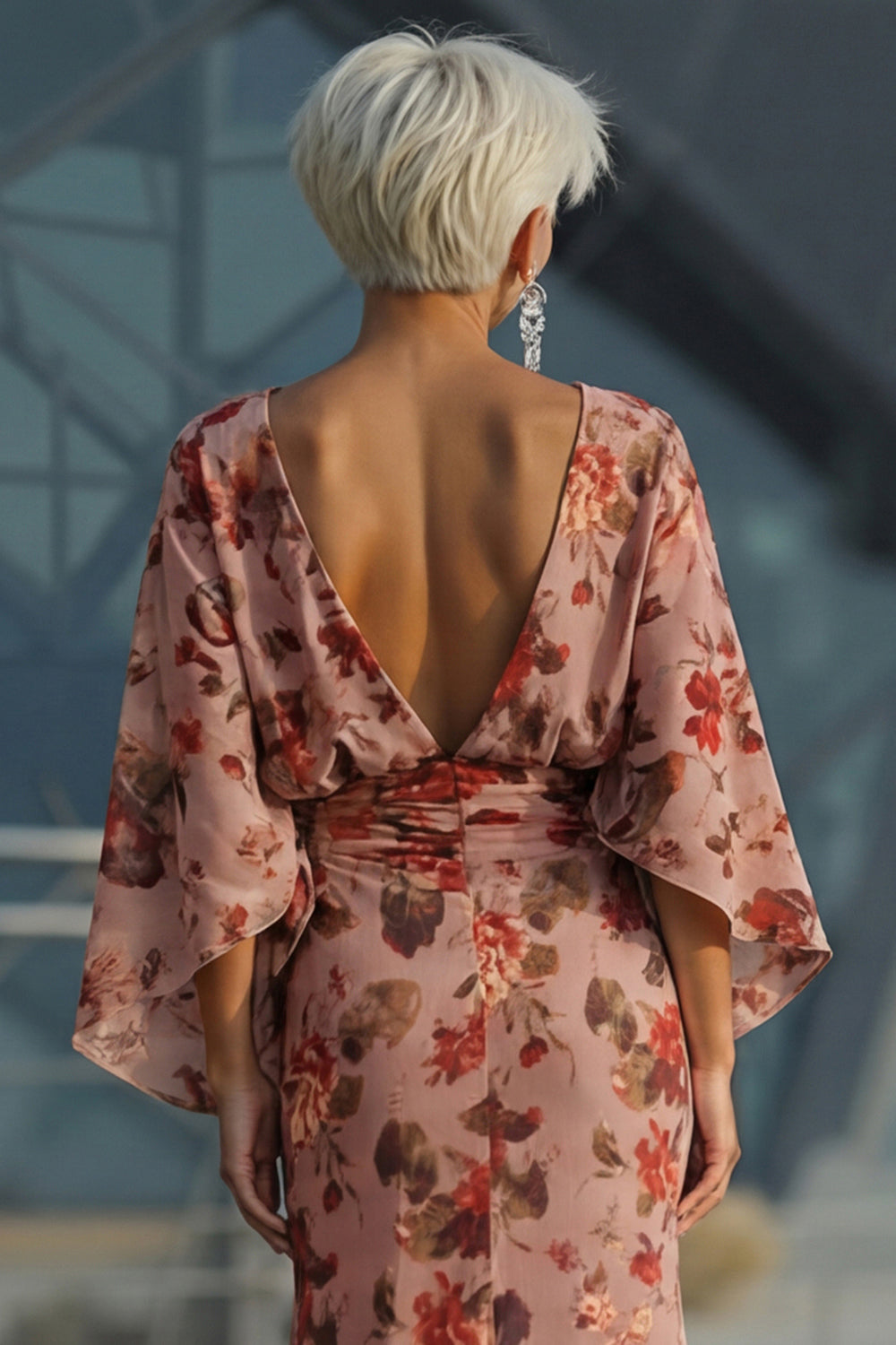 Floral Dusty Rose Boat Neck Long Chiffon Mother of the Bride Dress