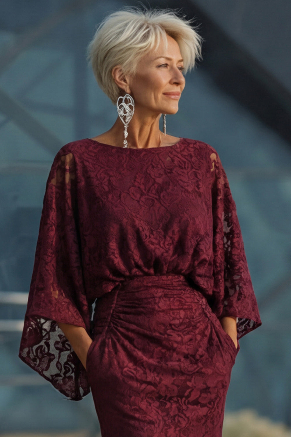 Floral Burgundy Lace Sheath Boat Neck Long Mother of the Bride Dress with Pockets