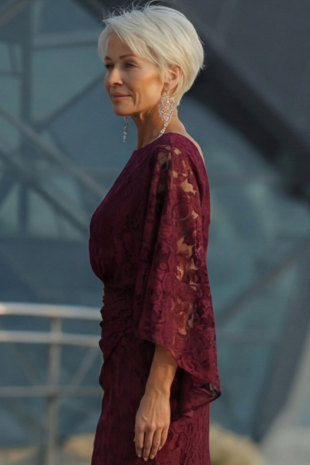 Floral Burgundy Lace Sheath Boat Neck Long Mother of the Bride Dress with Pockets