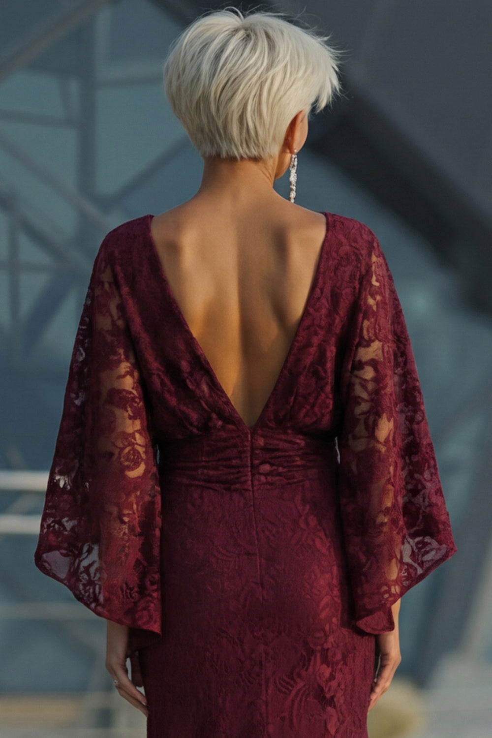 Floral Burgundy Lace Sheath Boat Neck Long Mother of the Bride Dress with Pockets