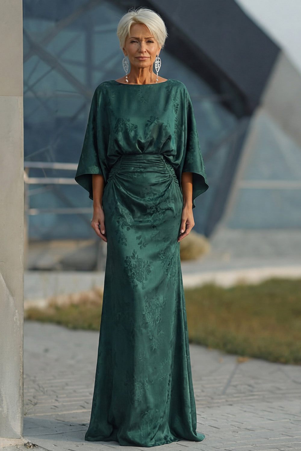 Pine Sheath Ruched Long Floral Mother of the Bride Dress with Sleeves