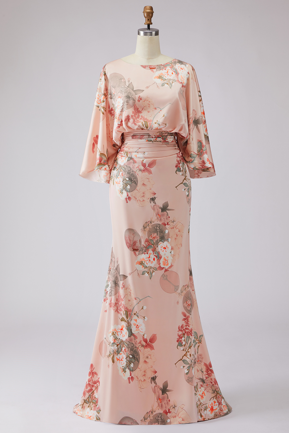 Floral Dusty Rose Boat Neck Ruched Long Satin Mother of the Bride Dress with Pockets