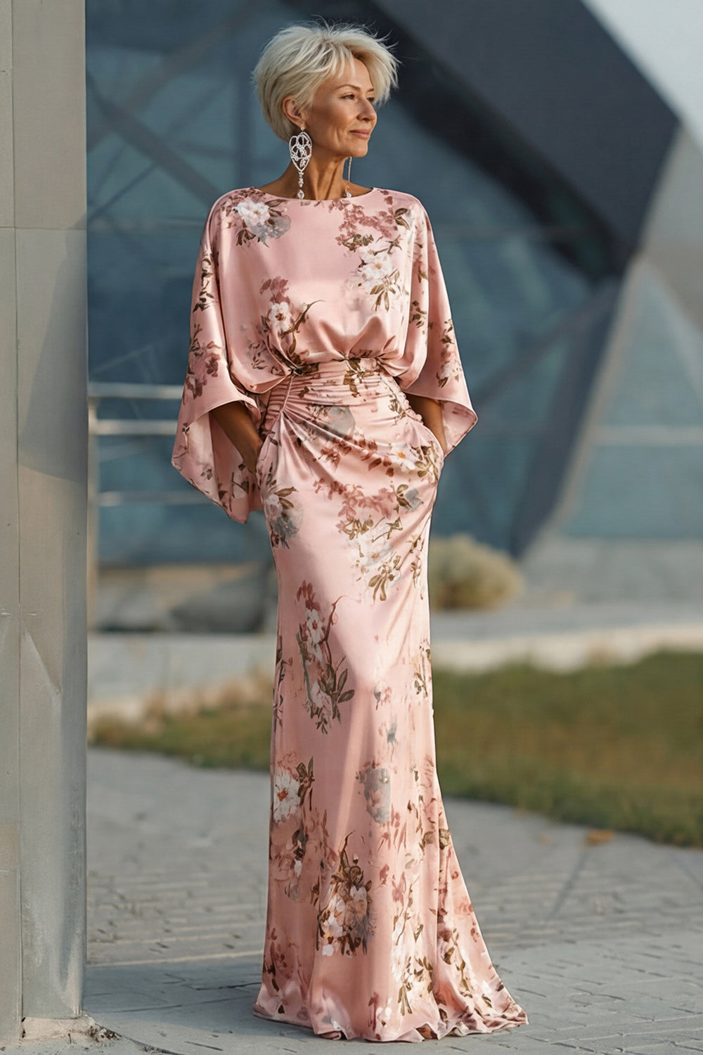 Floral Dusty Rose Boat Neck Ruched Long Satin Mother of the Bride Dress with Pockets