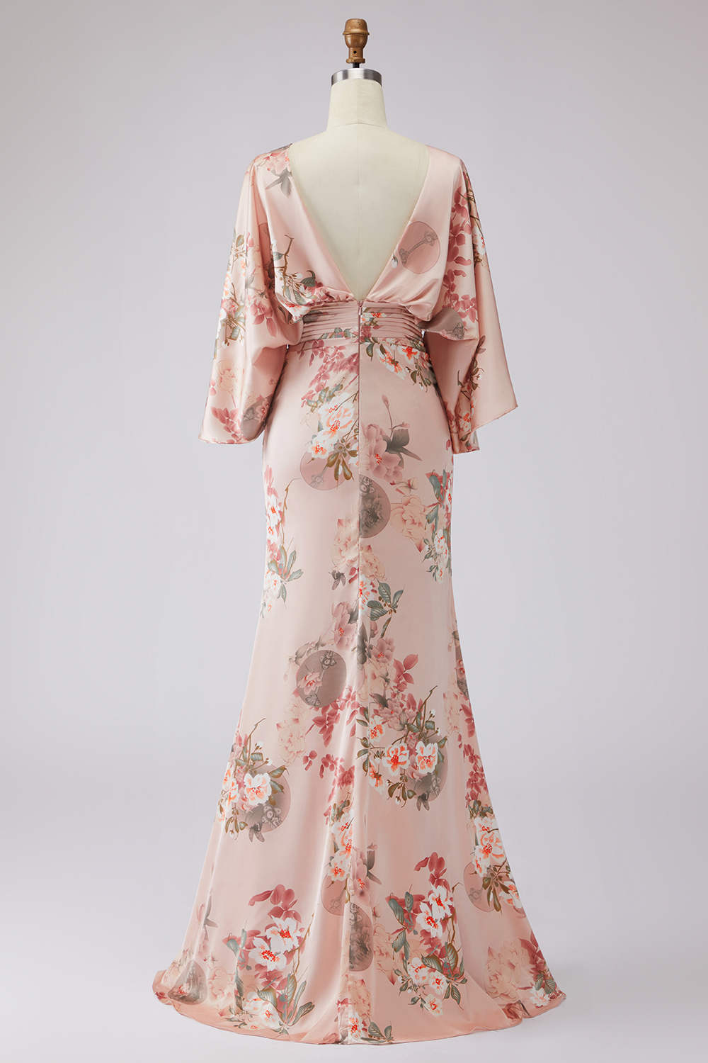 Floral Dusty Rose Boat Neck Ruched Long Satin Mother of the Bride Dress with Pockets