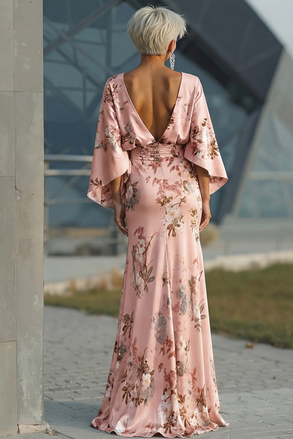 Floral Dusty Rose Boat Neck Ruched Long Satin Mother of the Bride Dress with Pockets