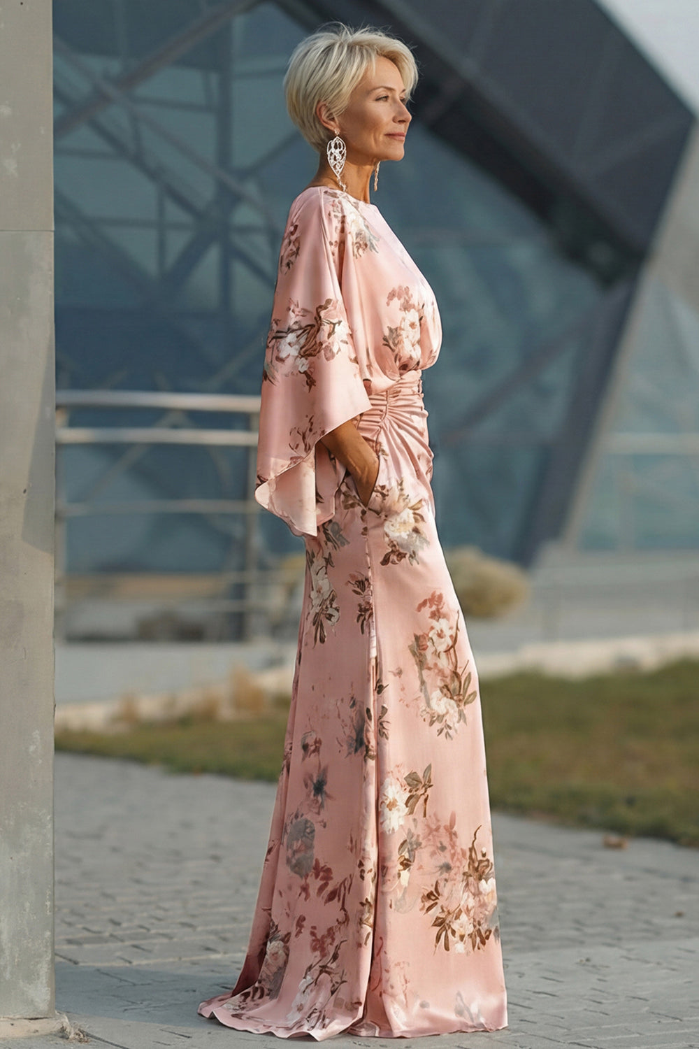Floral Dusty Rose Boat Neck Ruched Long Satin Mother of the Bride Dress with Pockets